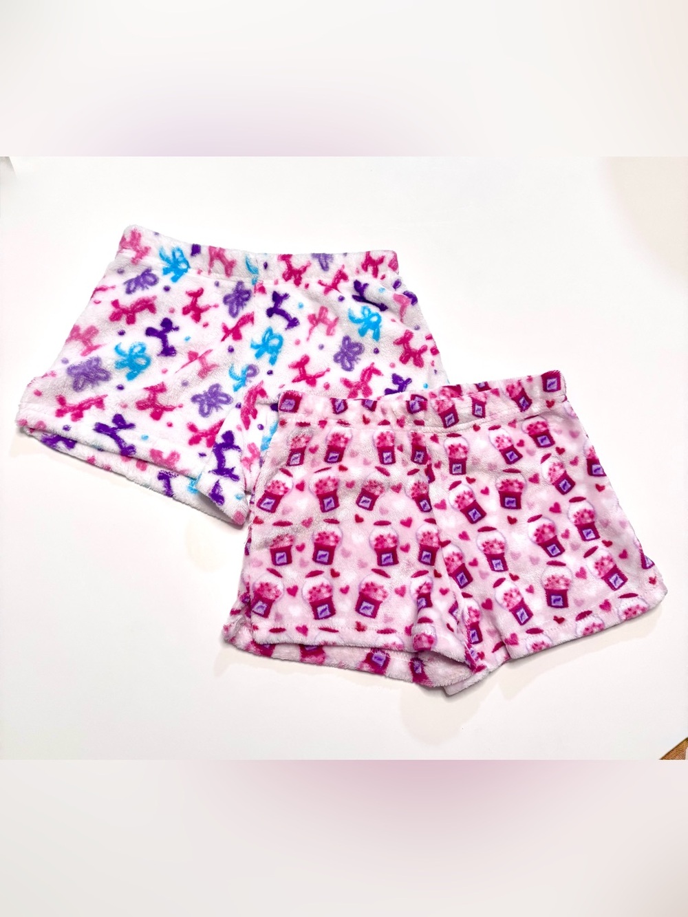Happy Threads Girls' Plush White & Pink Patterned Cozy Shorts - Bundle of 2, M